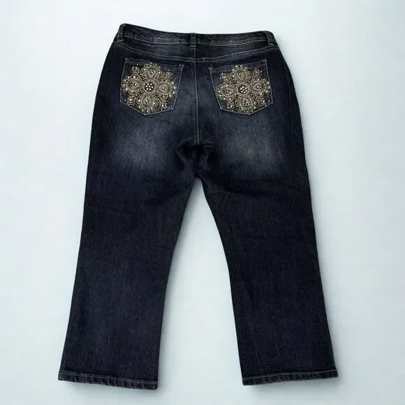 Nine West Jeans Womens 6 Capri Cropped Dark Wash Embellished Stretch Denim Boho - Picture 2 of 11